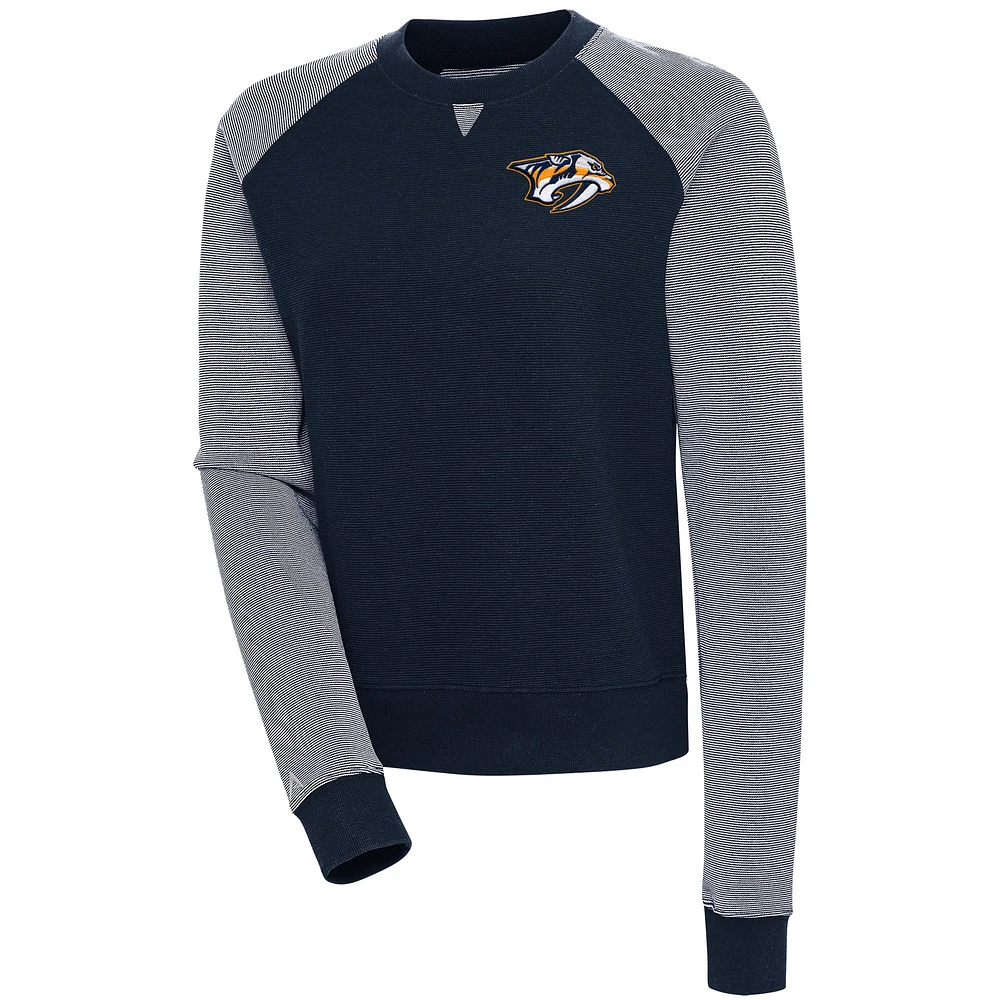Women's Antigua Navy/White Nashville Predators Flier Bunker Pullover Sweatshirt