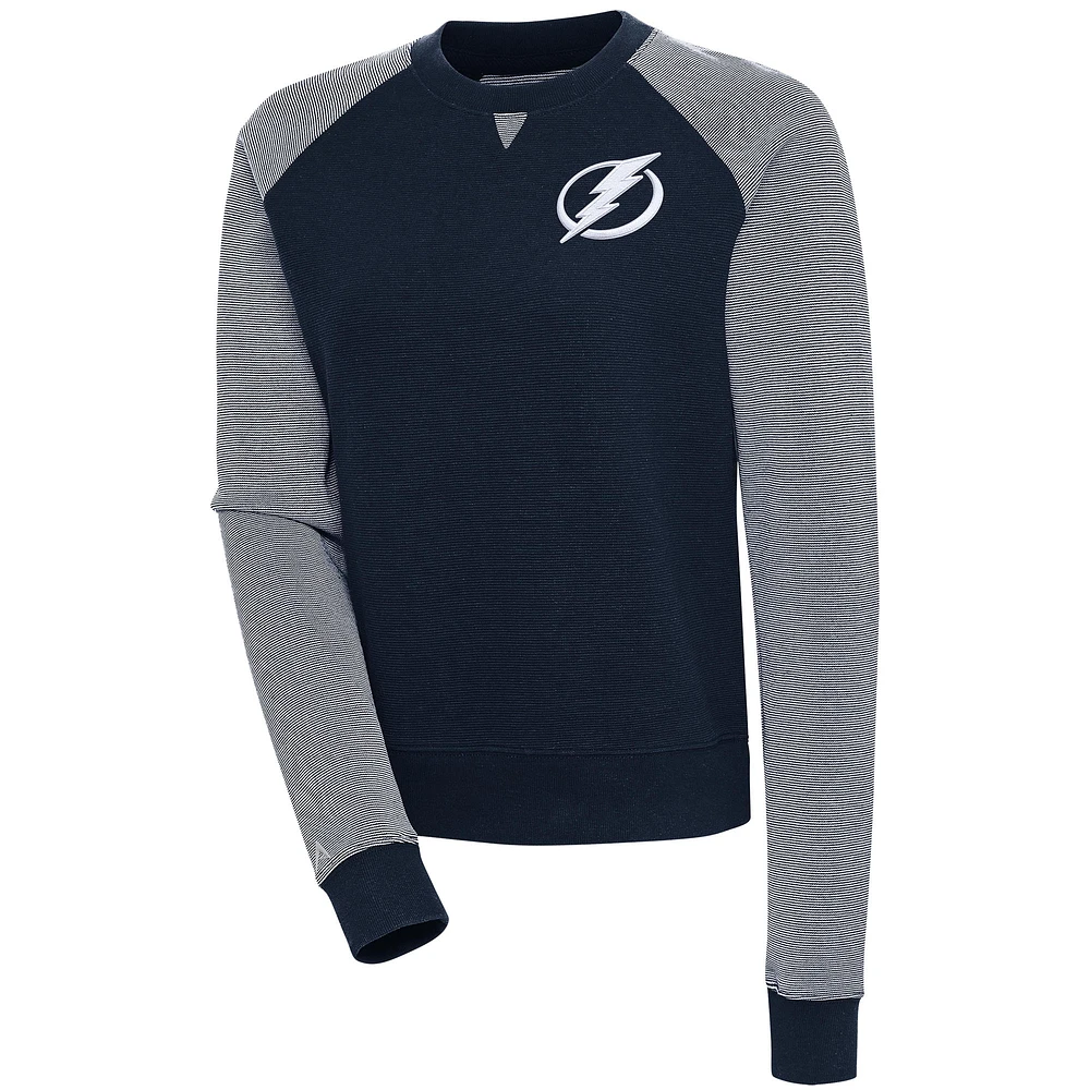 Women's Antigua Navy/White Tampa Bay Lightning Flier Bunker Pullover Sweatshirt