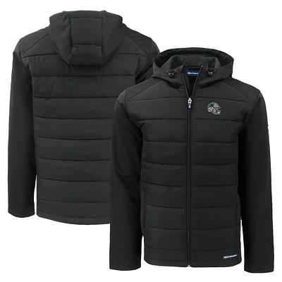 Men's Cutter & Buck Black Carolina Panthers Helmet Evoke Hybrid Eco Softshell Recycled Full-Zip Hoodie Jacket