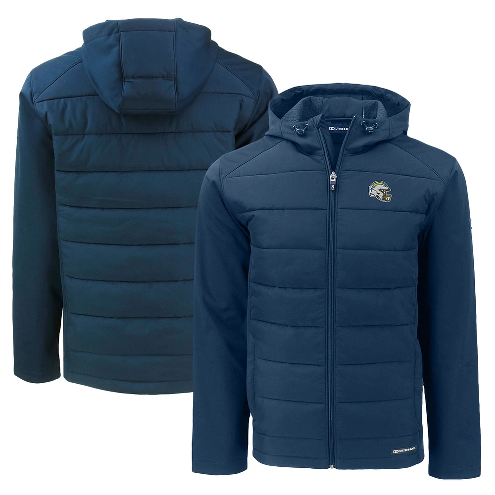 Men's Cutter & Buck Navy Los Angeles Chargers Helmet Evoke Hybrid Eco Softshell Recycled Full-Zip Hoodie Jacket