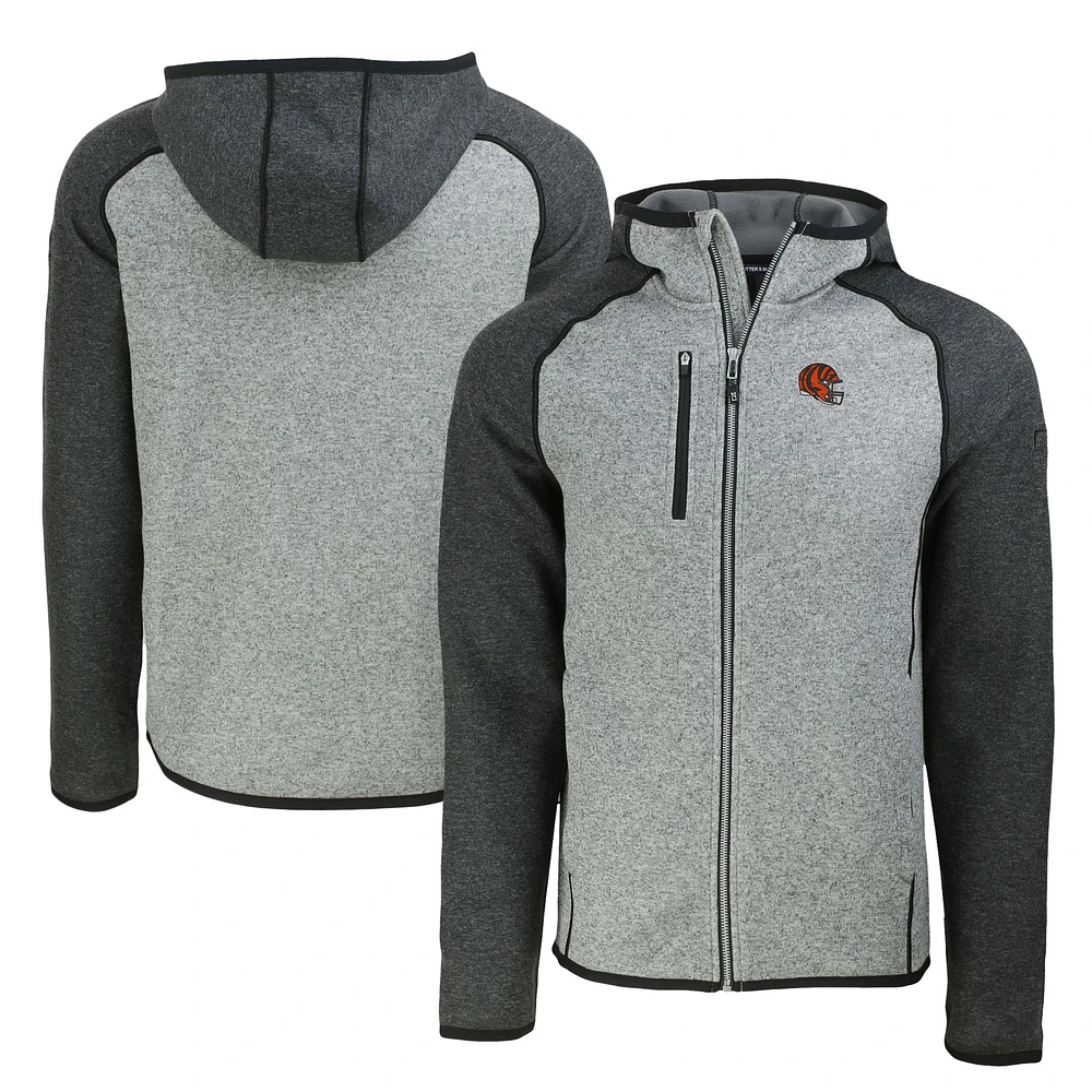 Men's Cutter & Buck Heather Gray/Heather Charcoal Cincinnati Bengals Helmet Mainsail Sweater-Knit Full-Zip Hoodie