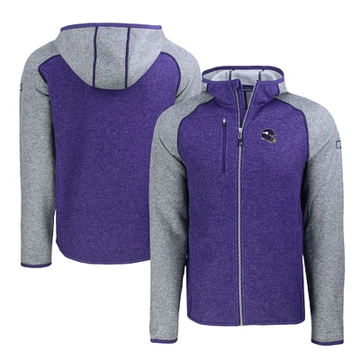 Men's Cutter & Buck Heather Purple/Heather Gray Minnesota Vikings Helmet Mainsail Sweater-Knit Full-Zip Hoodie