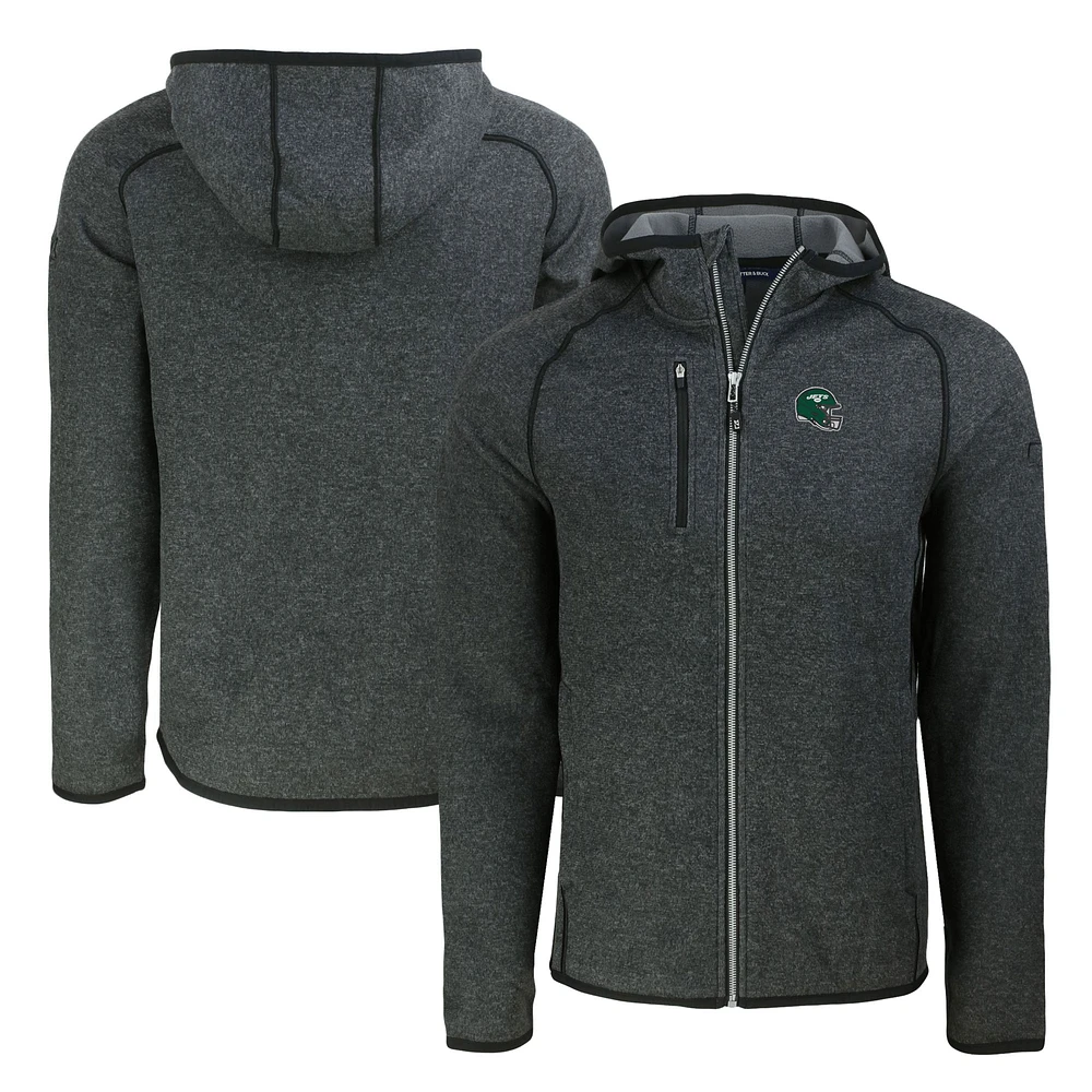 Men's Cutter & Buck Heather Charcoal New York Jets Helmet Mainsail Sweater-Knit Full-Zip Hoodie
