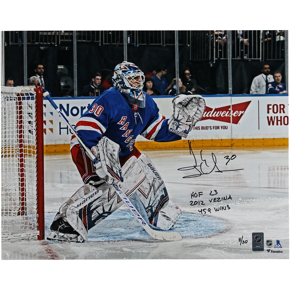 Henrik Lundqvist New York Rangers Autographed 16" x 20" Blue Jersey in Net Photograph with Multiple Inscriptions - Limited Edition of 30