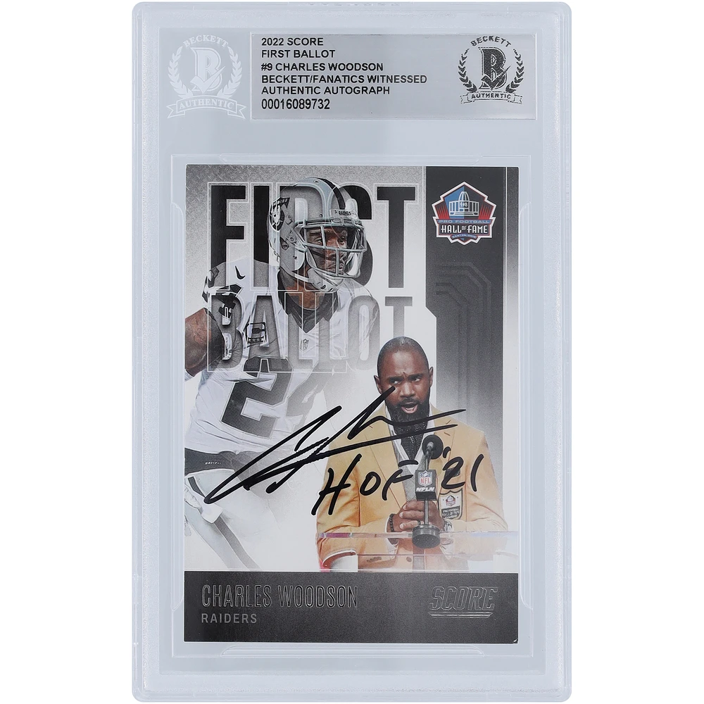 Charles Woodson Oakland Raiders Autographed 2022 Panini Score #FB-CW Beckett Fanatics Witnessed Authenticated Card with "HOF 21" Inscription
