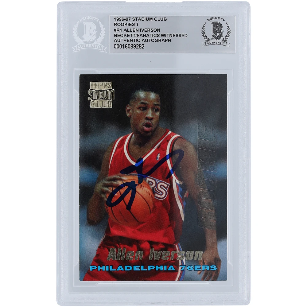 Allen Iverson Philadelphia 76ers Autographed 1996-97 Topps Stadium Club #R1 Beckett Fanatics Witnessed Authenticated Rookie Card