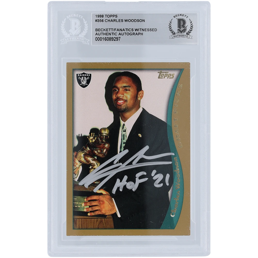 Charles Woodson Oakland Raiders Autographed 1998 Topps Series 1 Silver Ink #356 Beckett Fanatics Witnessed Authenticated Rookie Card with "HOF 21" Inscription