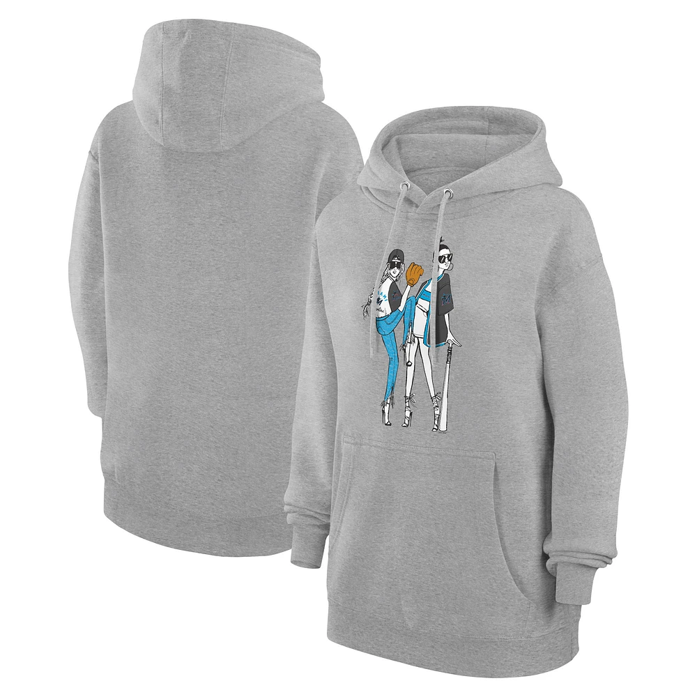 Women's G-III 4Her by Carl Banks Heather Gray Miami Marlins Baseball Girls Fleece Pullover Hoodie