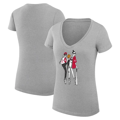 Women's G-III 4Her by Carl Banks Heather Gray Cincinnati Reds Super-Slim Fit Lightweight Baseball V-Neck T-Shirt
