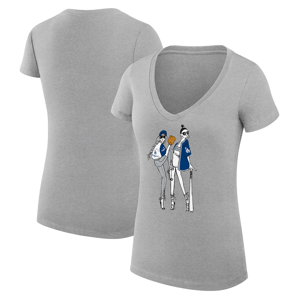 Women's G-III 4Her by Carl Banks Heather Gray Los Angeles Dodgers Super-Slim Fit Lightweight Baseball V-Neck T-Shirt