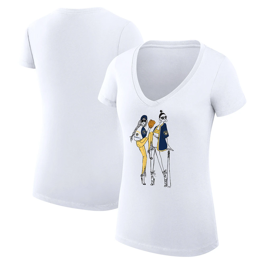 Women's G-III 4Her by Carl Banks White Milwaukee Brewers Super-Slim Fit Lightweight Baseball V-Neck T-Shirt