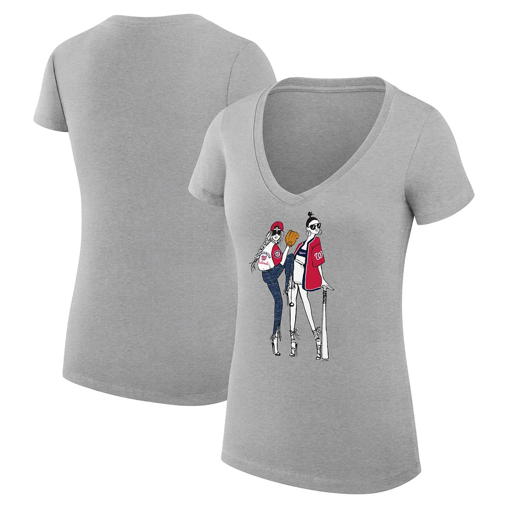 Women's G-III 4Her by Carl Banks Heather Gray Washington Nationals Super-Slim Fit Lightweight Baseball V-Neck T-Shirt