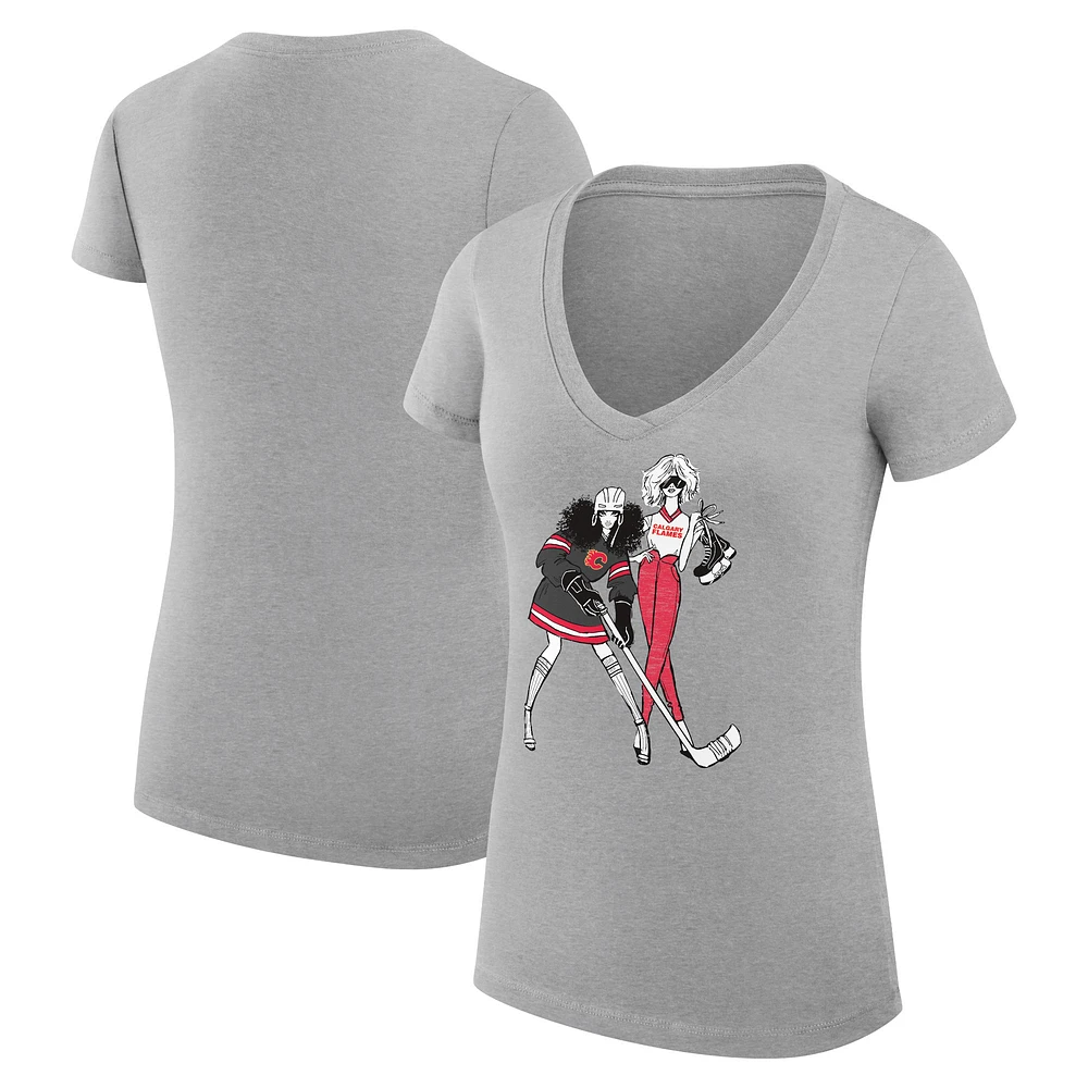 Women's G-III 4Her by Carl Banks Heather Gray Calgary Flames Super-Slim Fit Lightweight Hockey Girls V-Neck T-Shirt