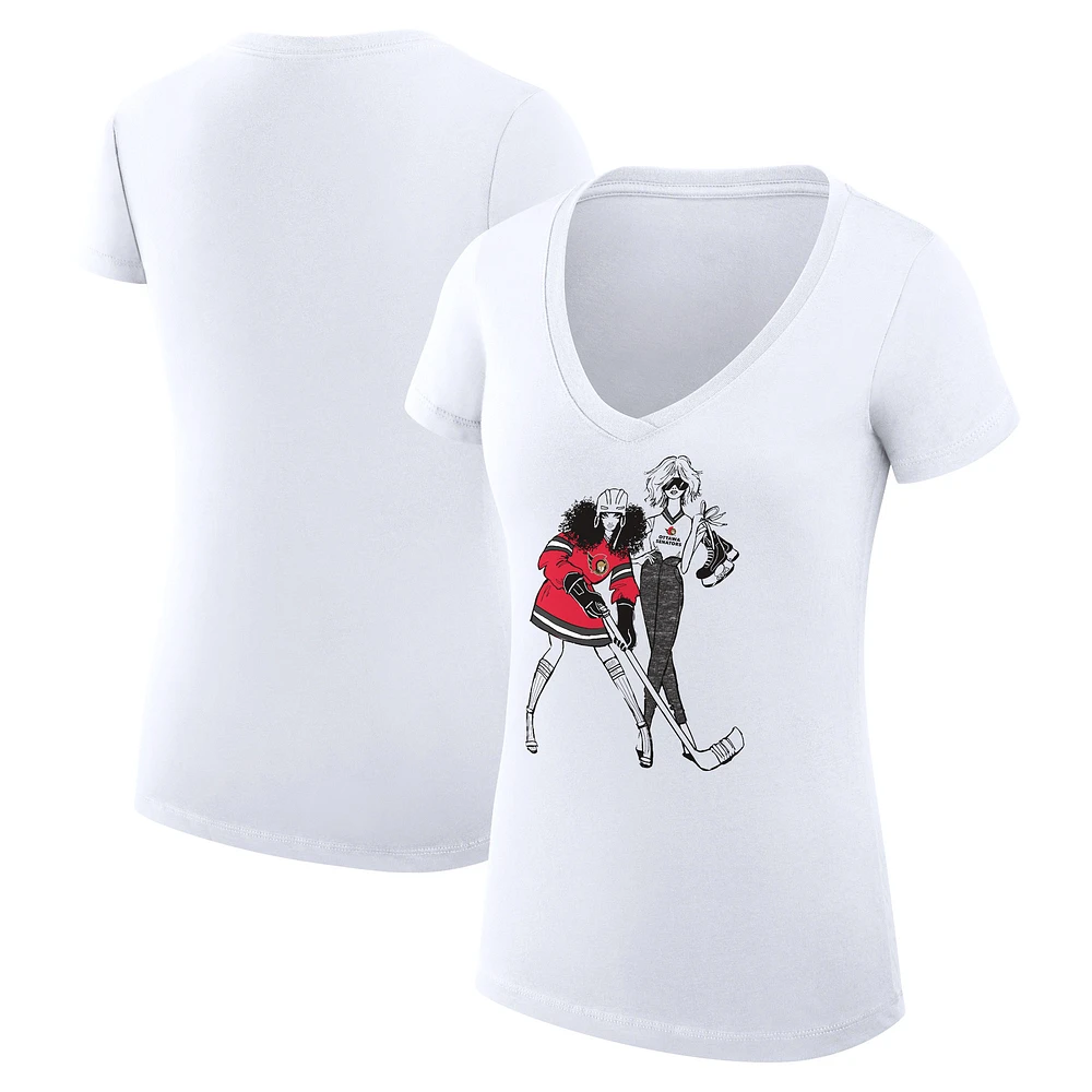 Women's G-III 4Her by Carl Banks White Ottawa Senators Super-Slim Fit Lightweight Hockey Girls V-Neck T-Shirt