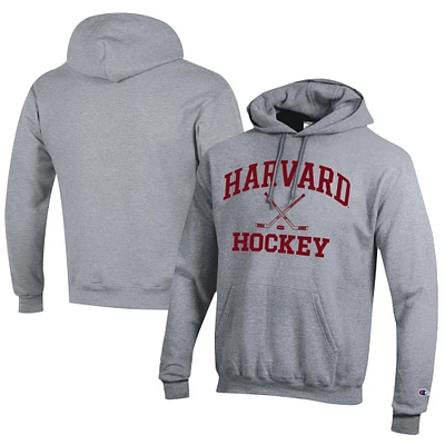 Men's Champion Gray Harvard Crimson Icon Logo Hockey Eco Powerblend Pullover Hoodie