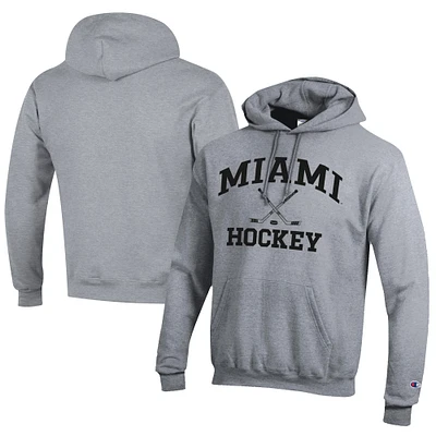 Men's Champion Gray Miami University RedHawks Icon Logo Hockey Eco Powerblend Pullover Hoodie