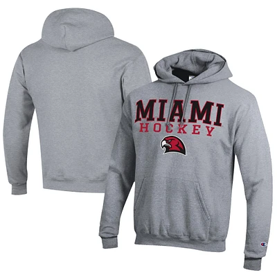 Men's Champion Gray Miami University RedHawks Hockey Eco Powerblend Pullover Hoodie