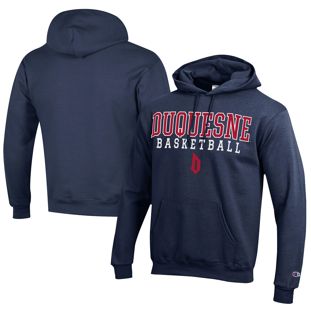 Men's Champion Navy Duquesne Dukes Stacked Logo Basketball Eco Powerblend Pullover Hoodie