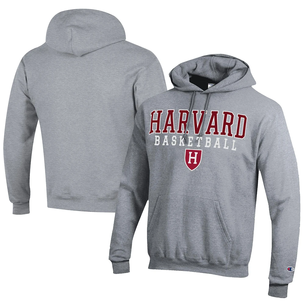 Men's Champion Gray Harvard Crimson Stacked Logo Basketball Eco Powerblend Pullover Hoodie