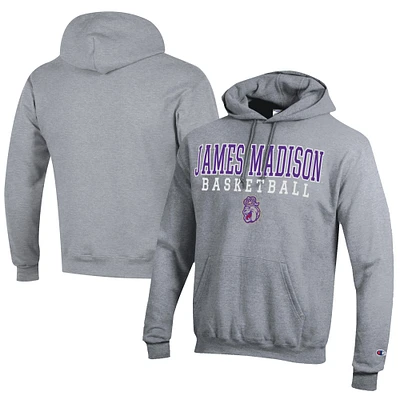 Men's Champion  Gray James Madison Dukes Stacked Logo Basketball Eco Powerblend Pullover Hoodie