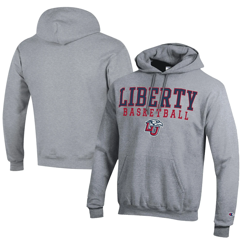 Men's Champion Gray Liberty Flames Stacked Logo Basketball Eco Powerblend Pullover Hoodie