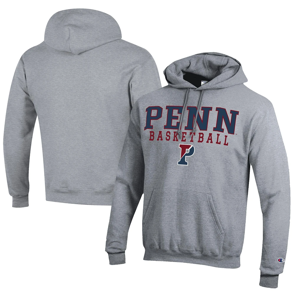 Men's Champion Gray Pennsylvania Quakers Stacked Logo Basketball Eco Powerblend Pullover Hoodie