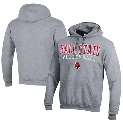 Men's Champion Gray Ball State Cardinals Stacked Logo Volleyball Eco Powerblend Pullover Hoodie