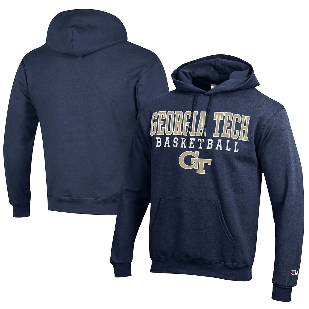 Men's Champion Navy Georgia Tech Yellow Jackets Stacked Logo Basketball Eco Powerblend Pullover Hoodie