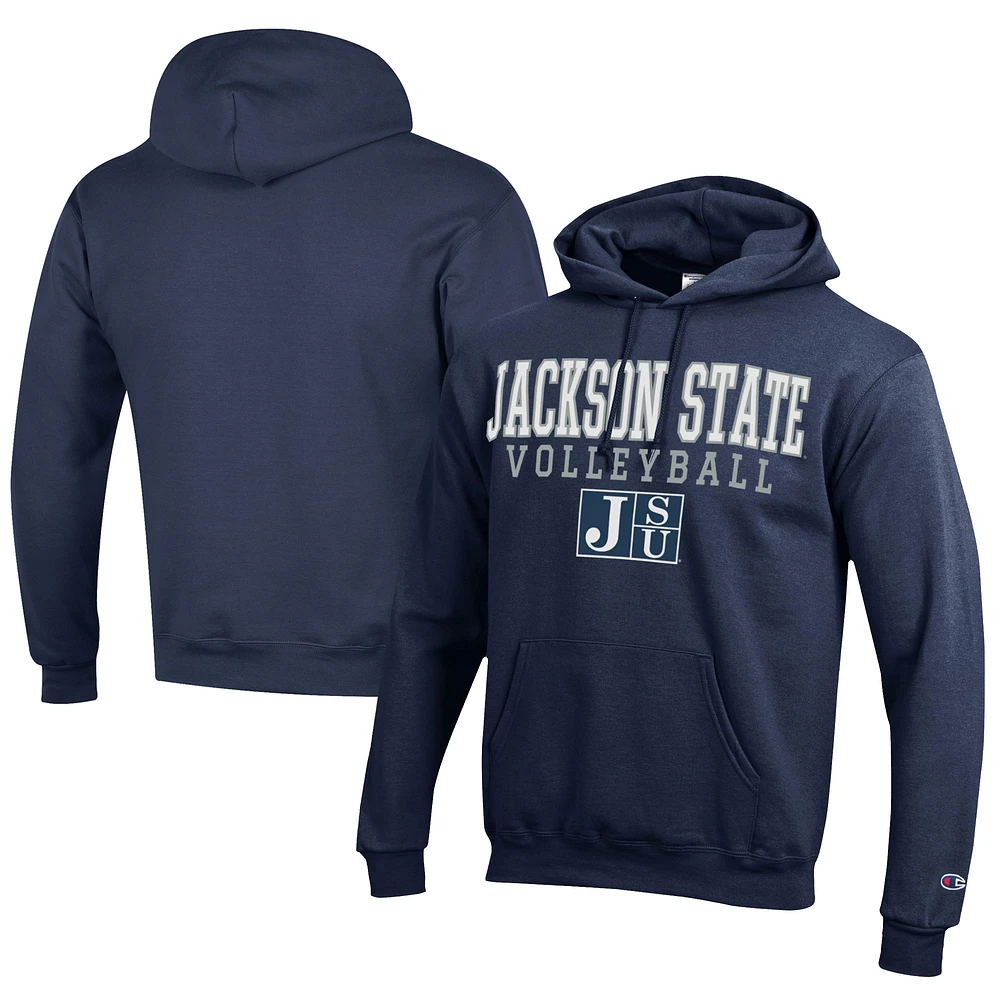 Men's Champion Navy Jackson State Tigers Stacked Logo Volleyball Eco Powerblend Pullover Hoodie