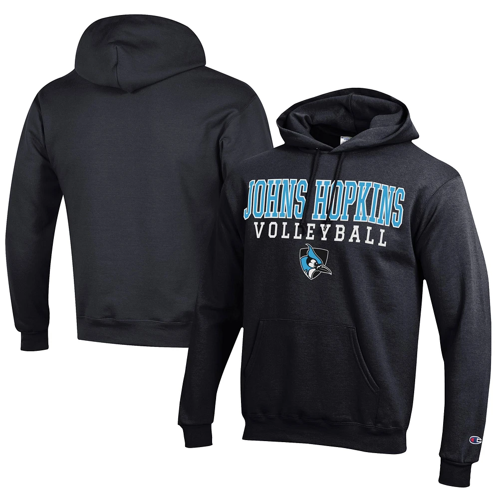 Men's Champion Black Johns Hopkins Blue Jays Stacked Logo Volleyball Eco Powerblend Pullover Hoodie