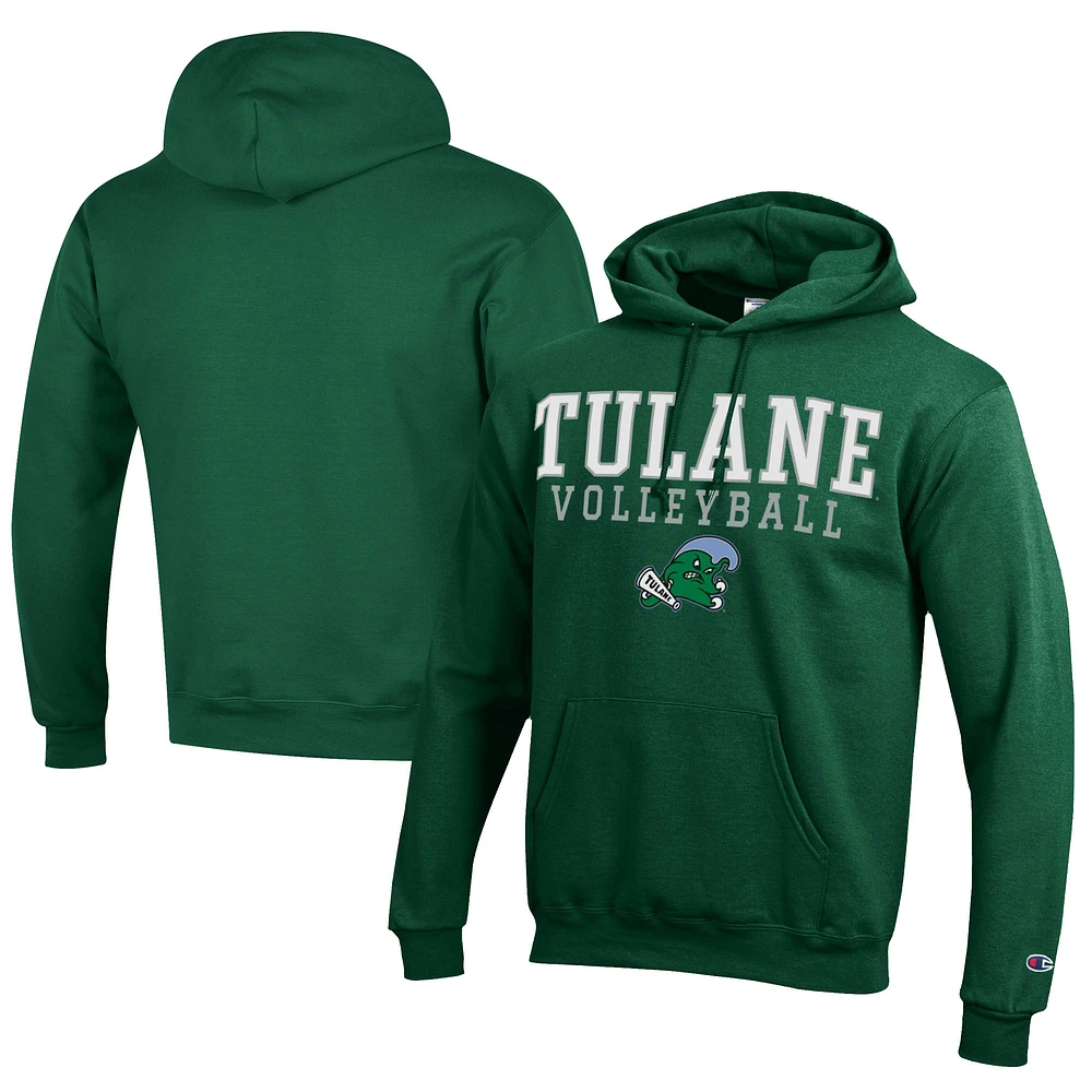 Men's Champion Green Tulane Wave Stacked Logo Volleyball Eco Powerblend Pullover Hoodie