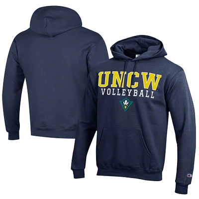 Men's Champion Navy UNC Wilmington Seahawks Stacked Logo Volleyball Eco Powerblend Pullover Hoodie