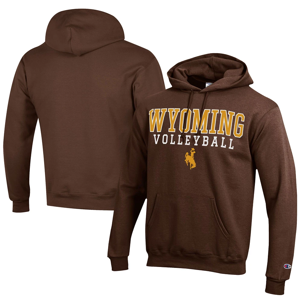 Men's Champion Brown Wyoming Cowboys Stacked Logo Volleyball Eco Powerblend Pullover Hoodie