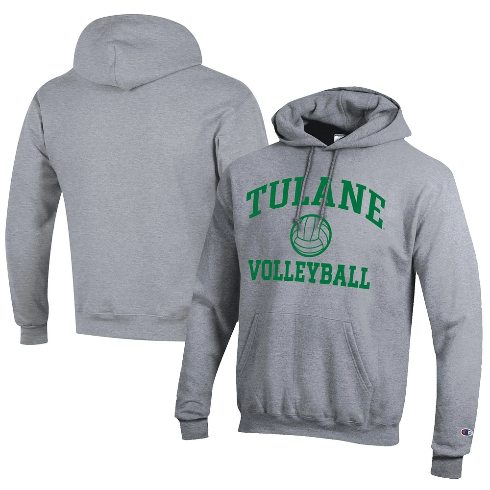 Men's Champion Gray Tulane Green Wave Icon Logo Volleyball Eco Powerblend Pullover Hoodie
