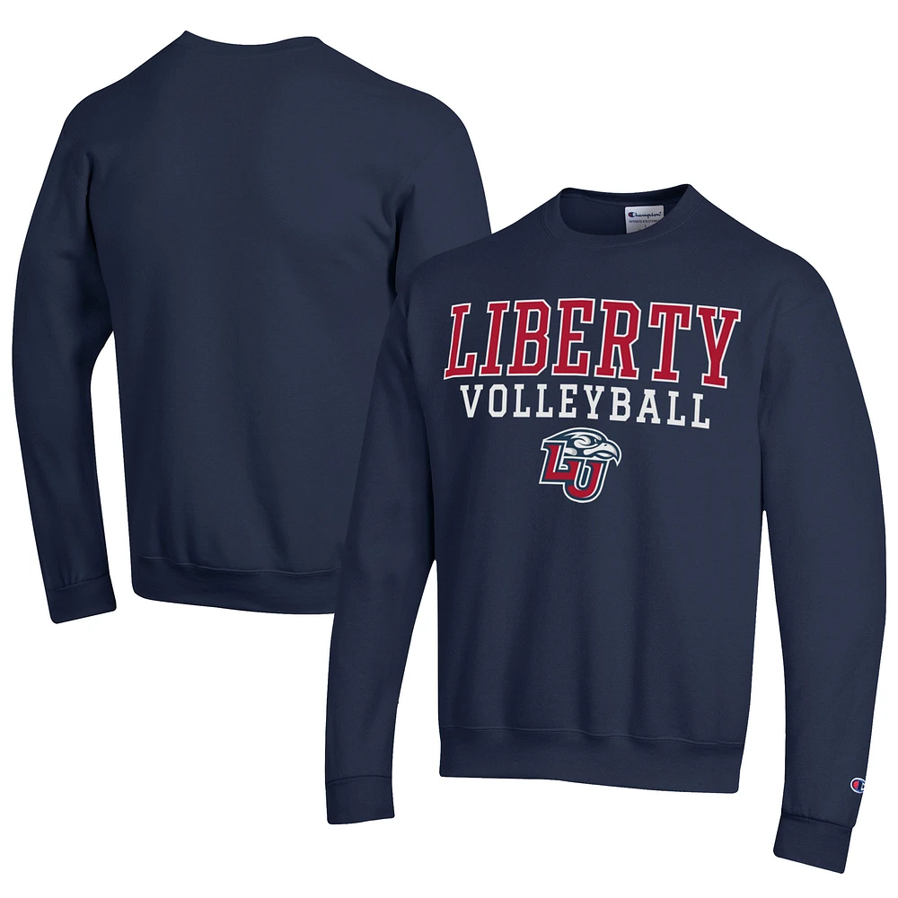 Men's Champion Navy Liberty Flames Stacked Logo Volleyball Eco Powerblend Pullover Sweatshirt