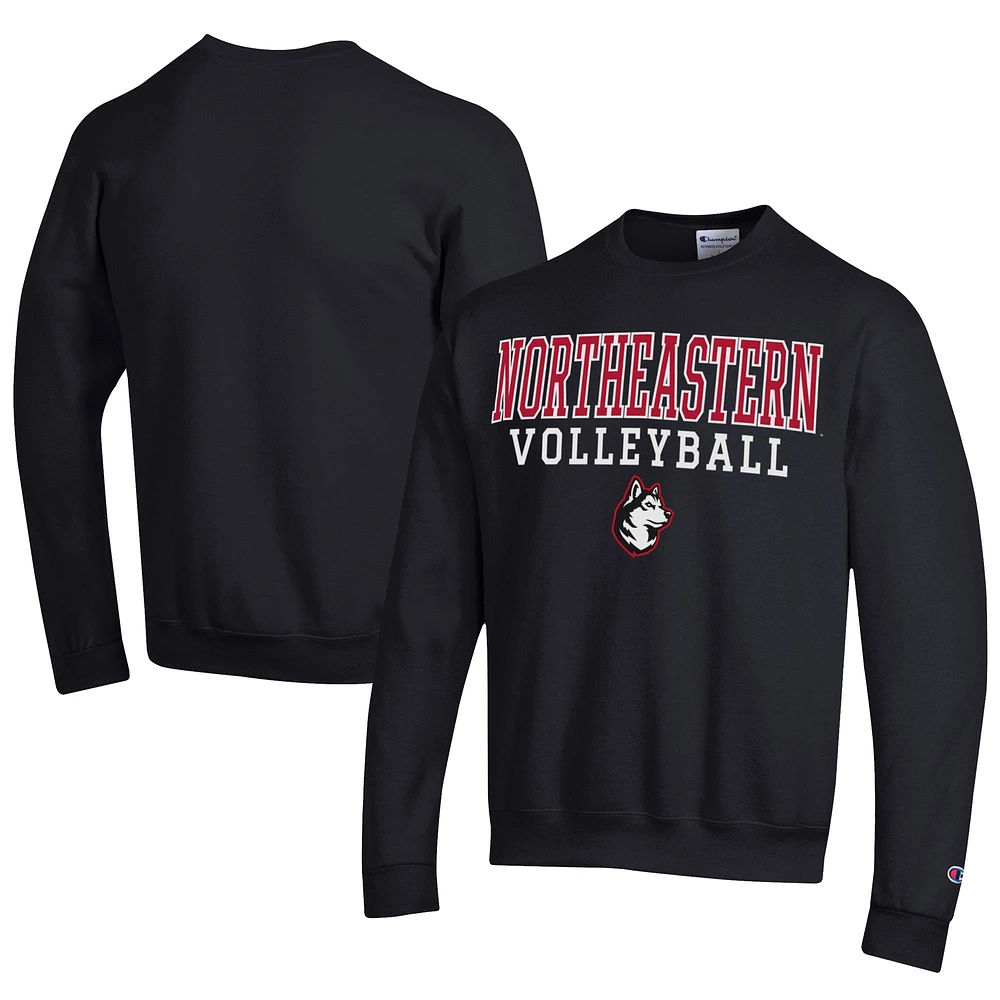 Men's Champion Black Northeastern Huskies Stacked Logo Volleyball Eco Powerblend Pullover Sweatshirt