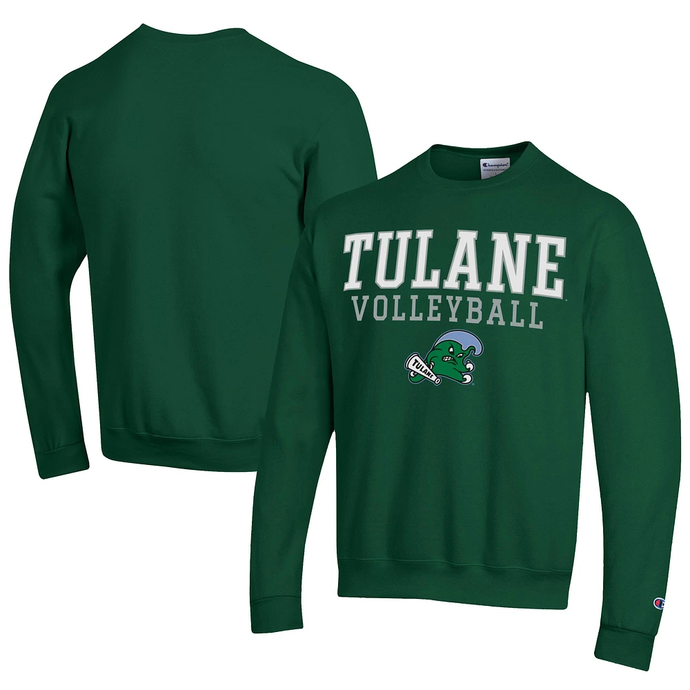 Men's Champion Green Tulane Wave Stacked Logo Volleyball Eco Powerblend Pullover Sweatshirt