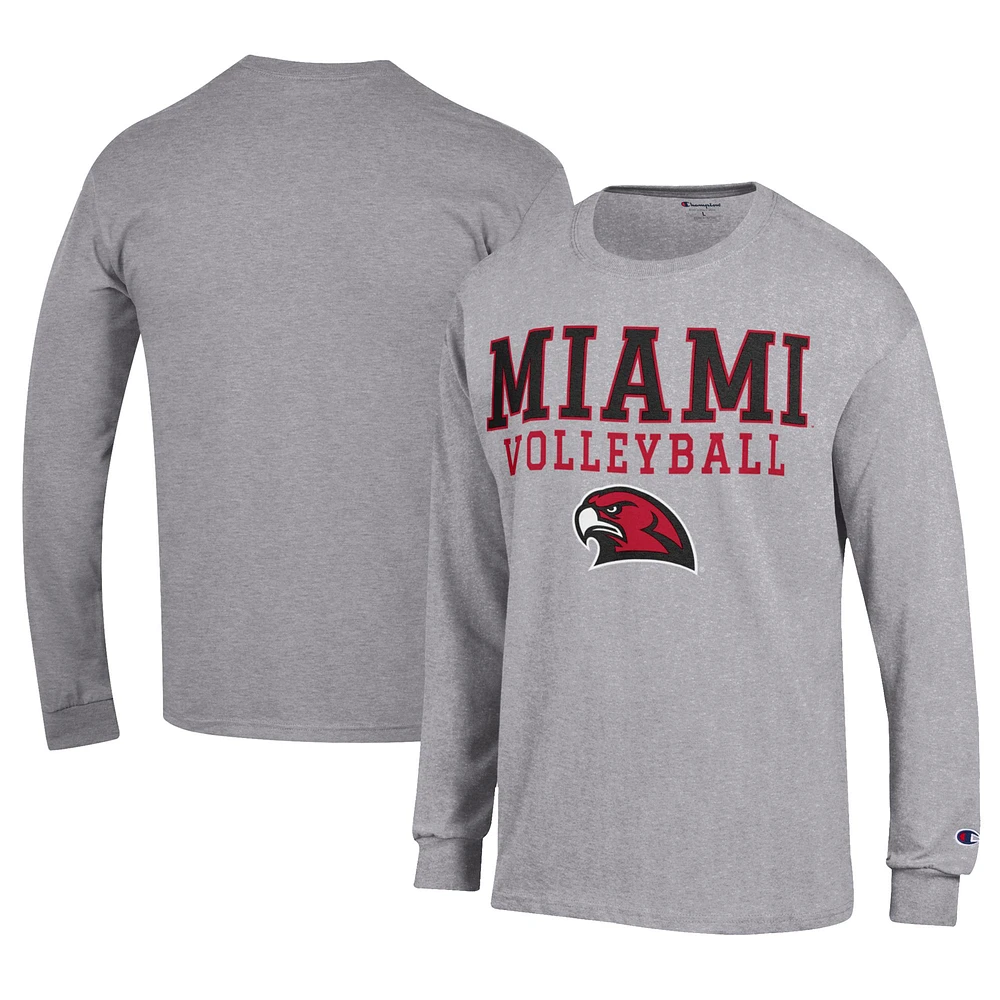 Men's Champion Gray Miami University RedHawks Stacked Logo Volleyball Jersey Long Sleeve T-Shirt