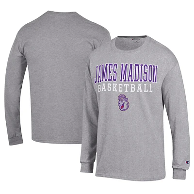 Men's Champion Gray James Madison Dukes Icon Logo Basketball Jersey Long Sleeve T-Shirt