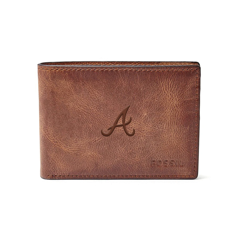 Fossil Brown Atlanta Braves Leather Derrick Front Pocket Bifold Wallet