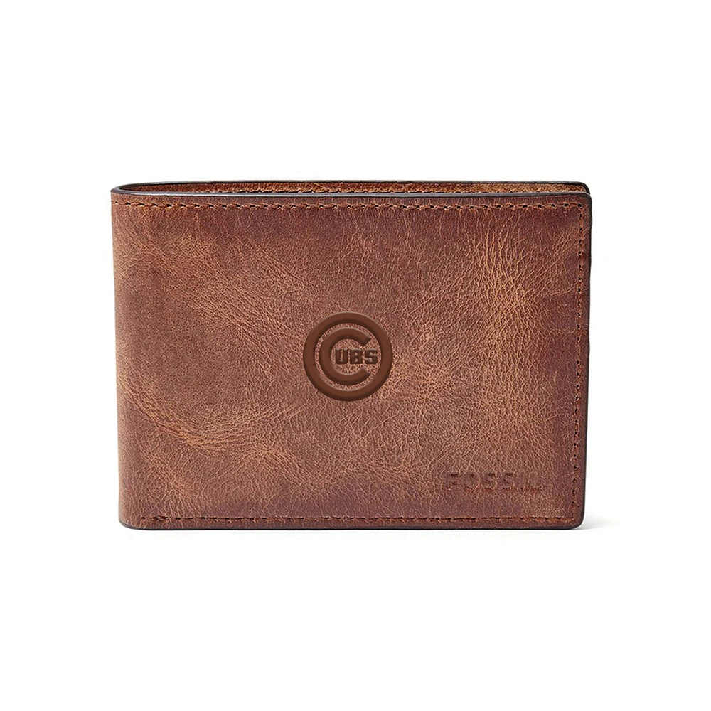 Fossil Brown Chicago Cubs Leather Derrick Front Pocket Bifold Wallet