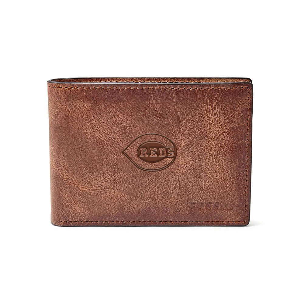 Fossil Brown Cincinnati Reds Leather Derrick Front Pocket Bifold Wallet