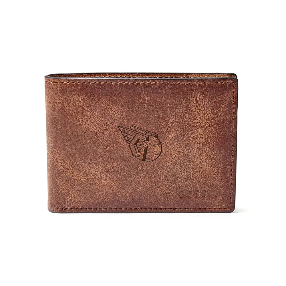 Fossil Brown Cleveland Guardians Leather Derrick Front Pocket Bifold Wallet