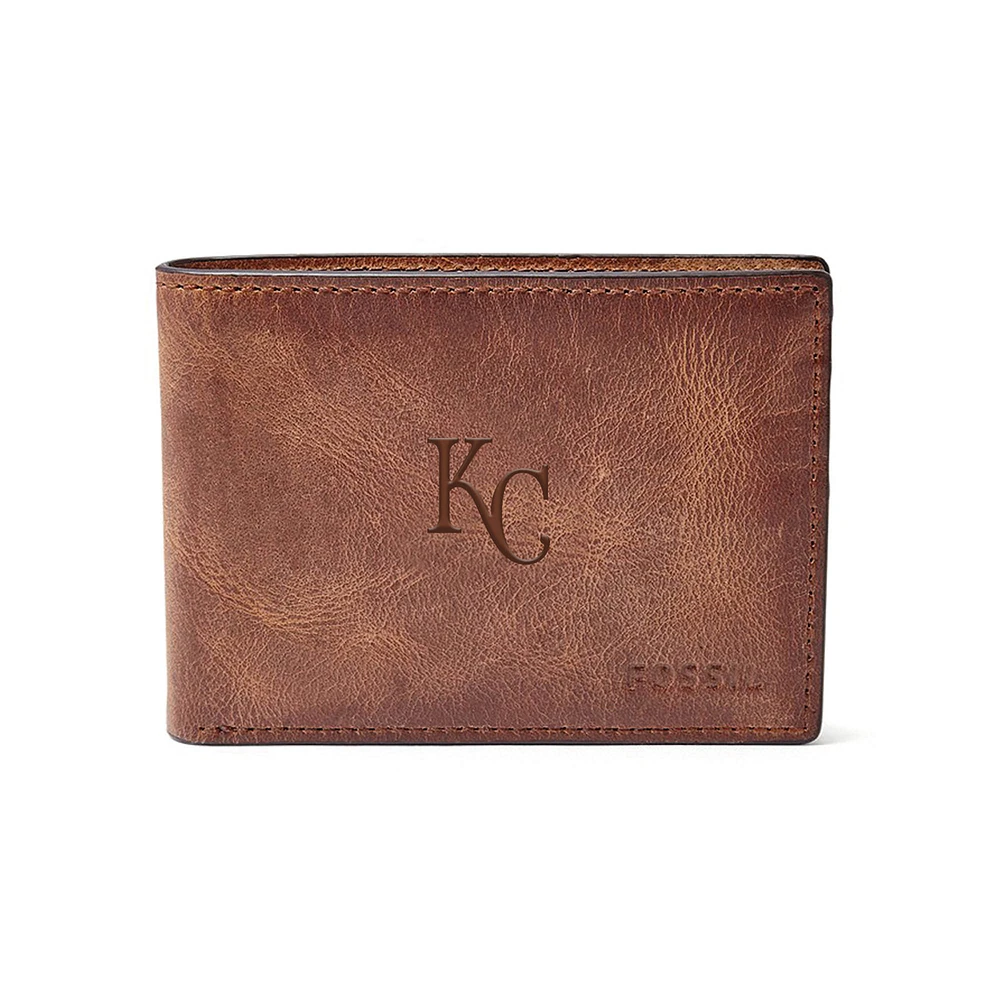 Fossil Brown Kansas City Royals Leather Derrick Front Pocket Bifold Wallet