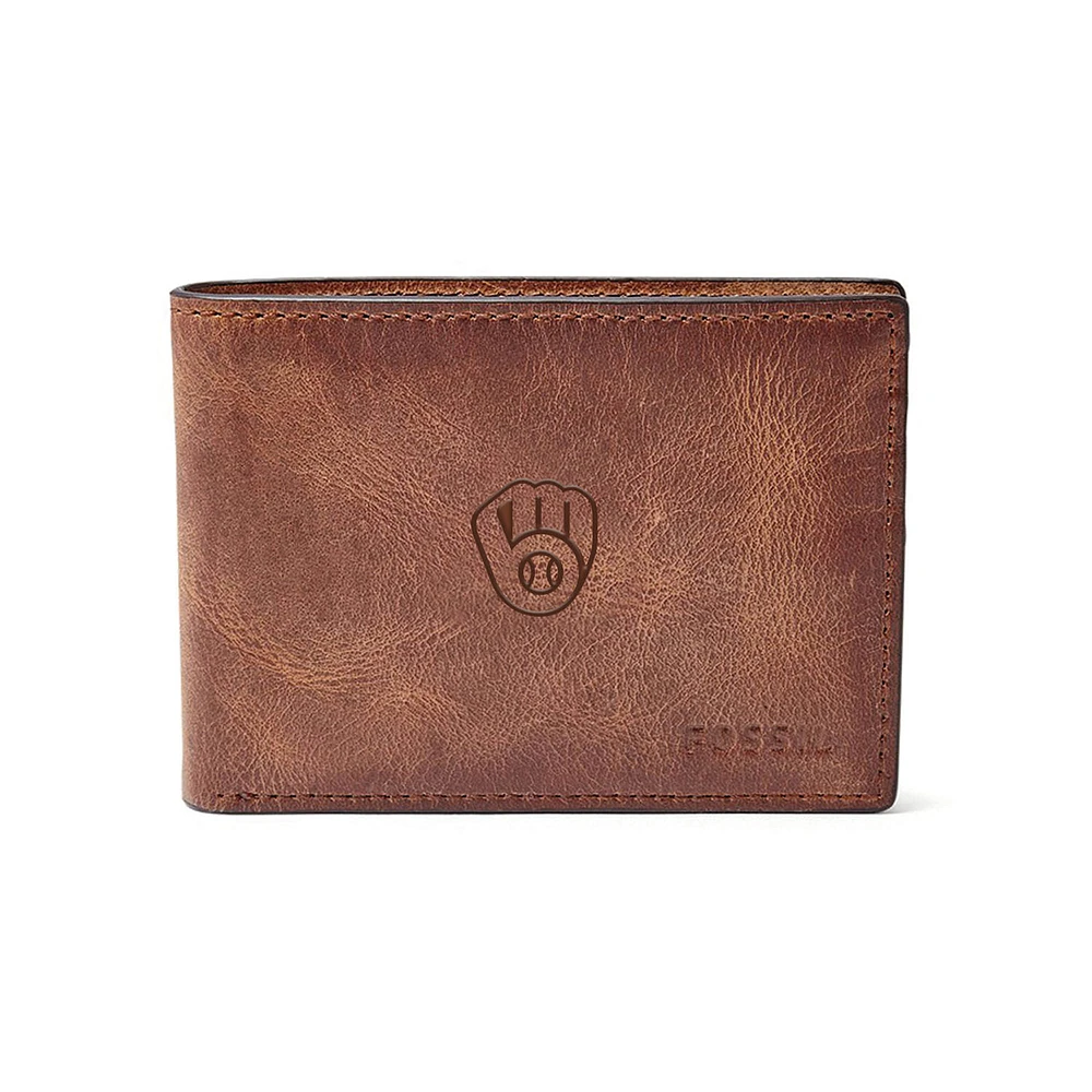 Fossil Brown Milwaukee Brewers Leather Derrick Front Pocket Bifold Wallet