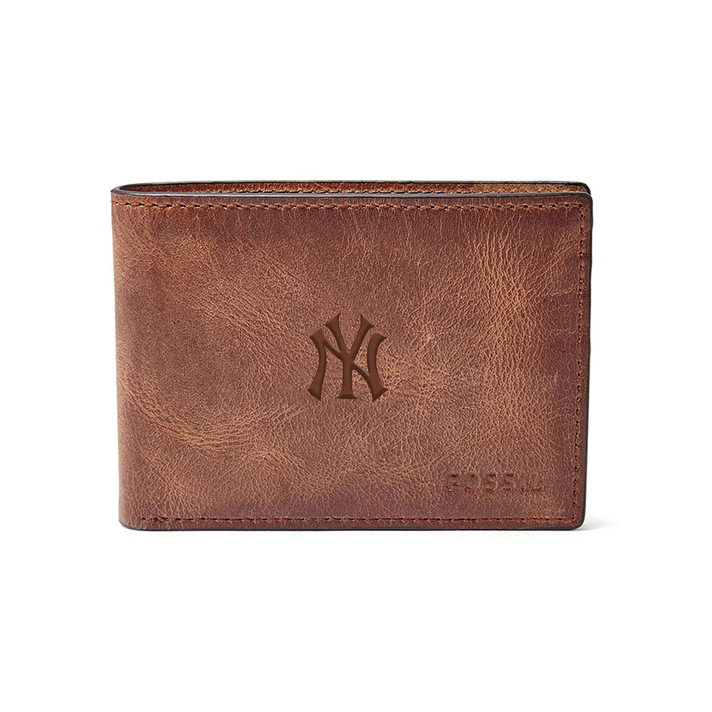 Fossil Brown New York Yankees Leather Derrick Front Pocket Bifold Wallet