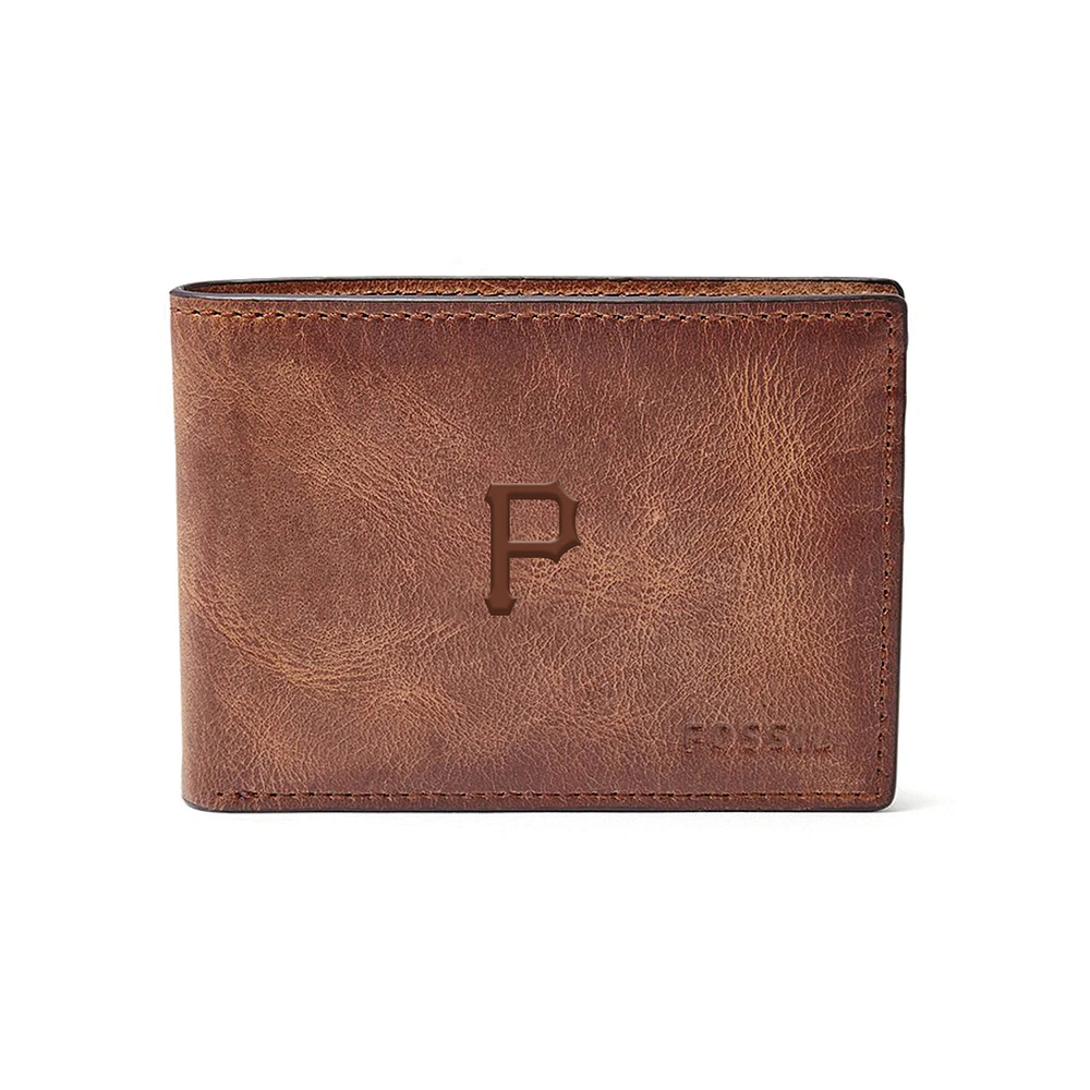 Fossil Brown Pittsburgh Pirates Leather Derrick Front Pocket Bifold Wallet