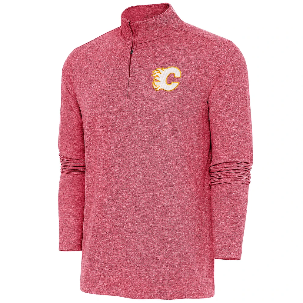 Men's Antigua Heather Red Calgary Flames Hunk Quarter-Zip Pullover Top