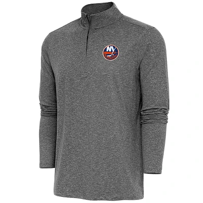 Men's Antigua Heather Black New York Islanders Hunk Quarter-Zip Pullover Top