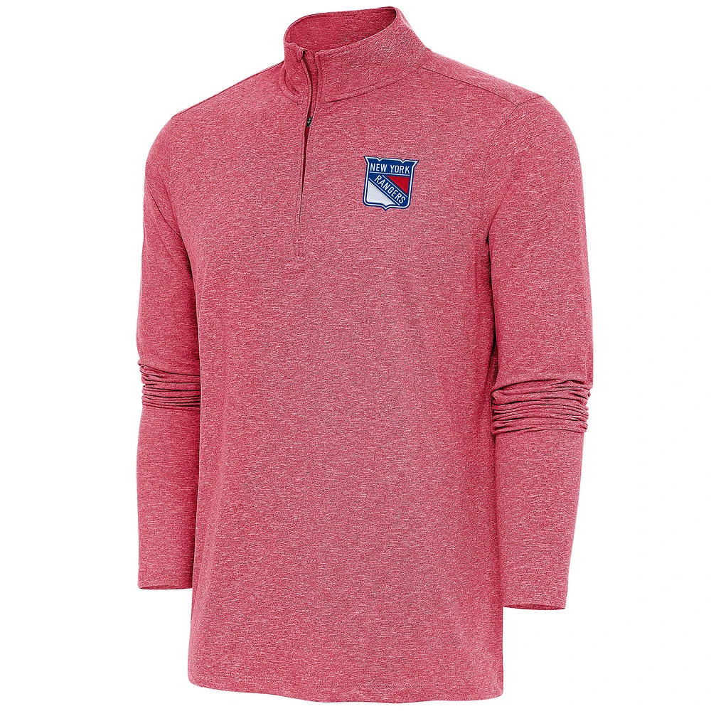 Men's Antigua Heather Red New York Rangers Hunk Quarter-Zip Pullover Top